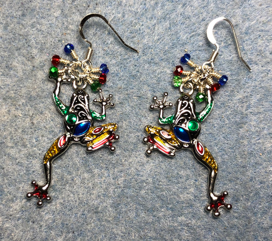 Silver, green, blue, and red enamel frog charm earrings adorned with tiny dangling green, blue, and red Chinese crystal beads.