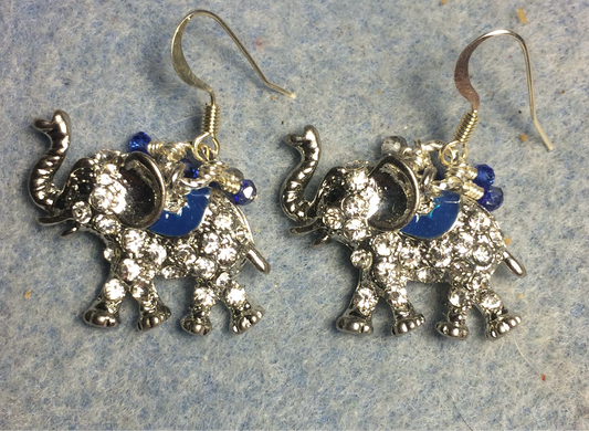 Silver and blue enamel and rhinestone elephant charm earrings adorned with tiny dangling silver and blue Chinese crystal beads.