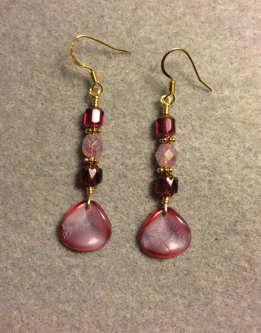 Shimmery pink Czech glass rose petal earrings adorned with light pink Czech glass beads.