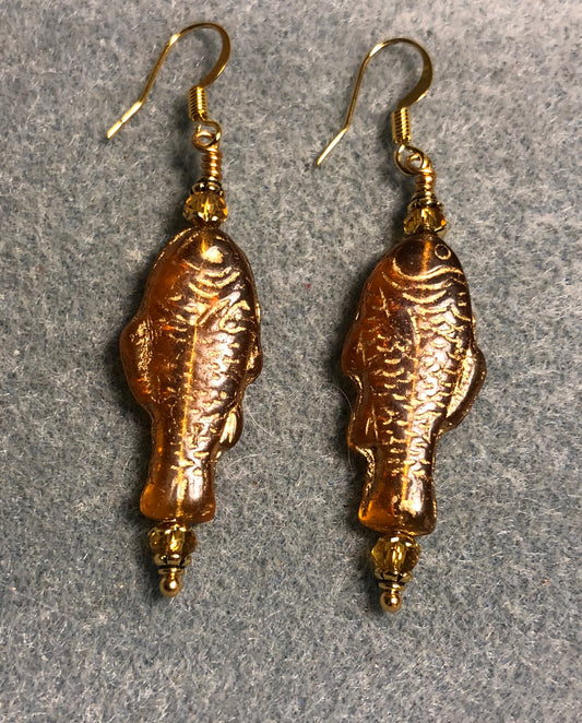 Amber (with gold inlay) Czech glass fish bead earrings adorned with amber Chinese crystal beads.