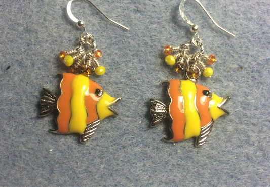 Orange and yellow enamel striped angelfish charm earrings adorned with tiny dangling orange and yellow Chinese crystal beads.
