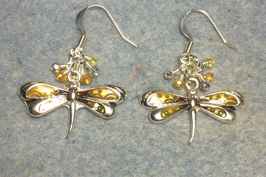 Amber and yellow enamel dragonfly charm earrings adorned with tiny dangling amber, yellow, and silver Chinese crystal beads.