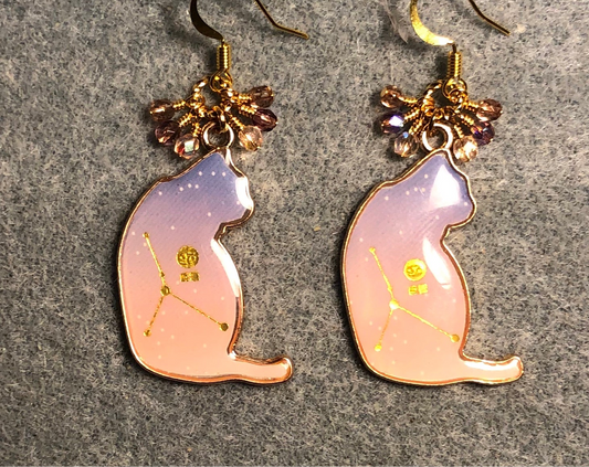 Violet and pink enamel cat charm earrings adorned with tiny dangling violet and pink Czech glass beads.