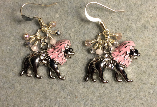 Silver and pink enamel and rhinestone lion charm earrings adorned with tiny dangling pink and silver Chinese crystal beads.