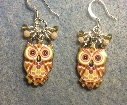 Brown, olive green, and beige enamel owl charm earrings adorned with tiny dangling brown, olive green, and beige Chinese crystal beads.