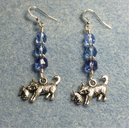 Silver cat carrying a kitten charms adorned with light blue Czech glass beads
