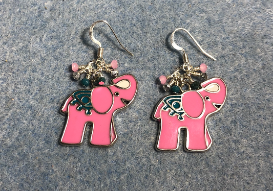 Pink and teal enamel elephant charm earrings adorned with tiny dangling pink, teal, and silver Chinese crystal beads.