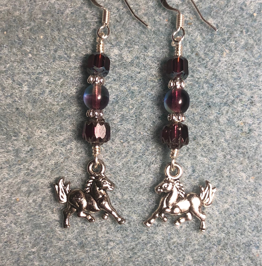 Silver horse charm earrings adorned with purple Czech glass beads