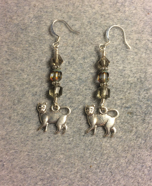 Silver cat charm earrings adorned with gray Czech glass beads