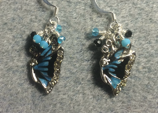 Turquoise and black enamel butterfly charm earrings adorned with tiny dangling turquoise and black Chinese crystal beads.