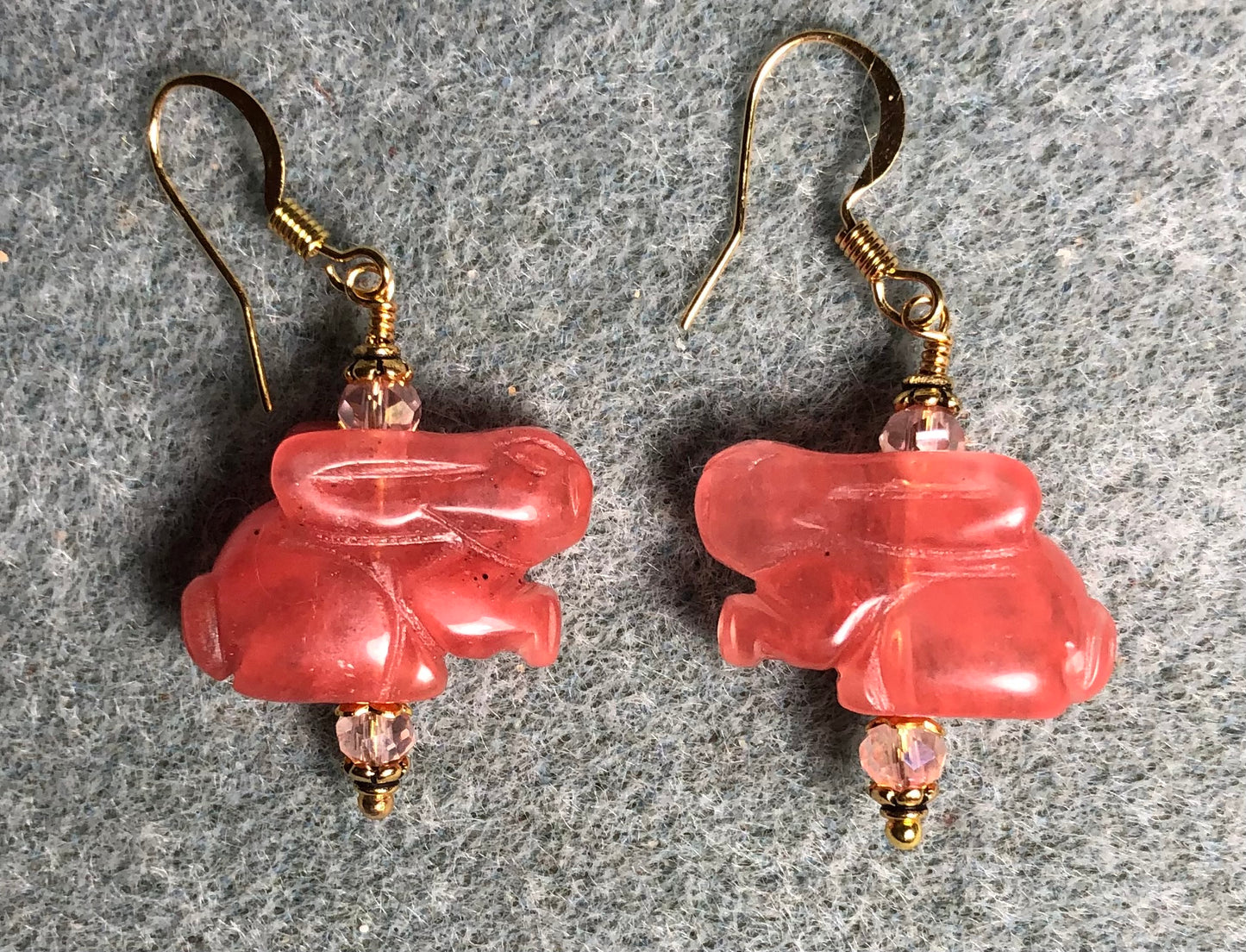 Cherry quartz gemstone rabbit bead earrings adorned with pink Chinese crystal beads.
