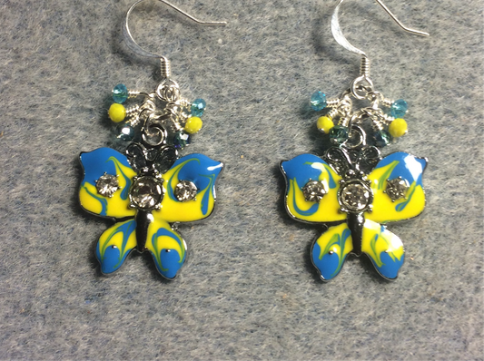 Vintage turquoise and yellow enamel and rhinestone butterfly charm earrings adorned with tiny dangling turquoise and yellow Chinese crystal beads.