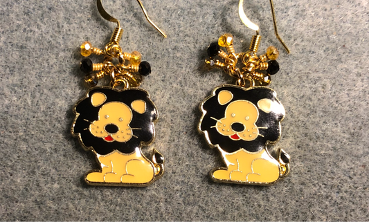 Amber and black enamel lion charm earrings adorned with tiny dangling amber and black Chinese crystal beads.