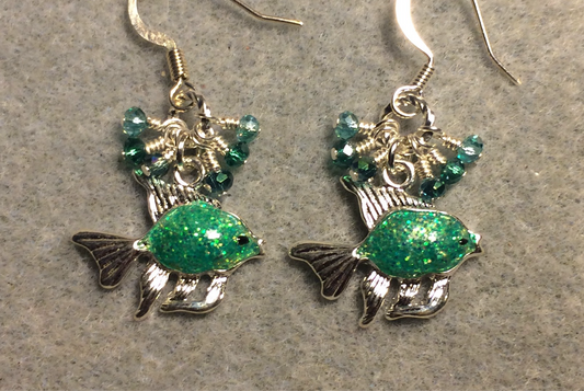 Sparkly turquoise enamel fish charm earrings adorned with tiny dangling turquoise and teal Chinese crystal beads.