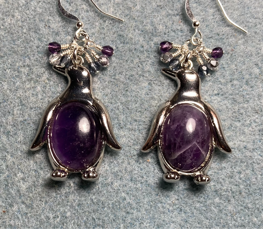 Large silver and purple amethyst gemstone penguin charm earrings adorned with small dangling purple and silver Czech glass beads.