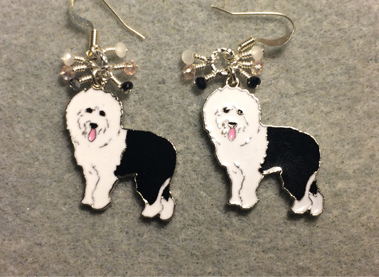 Black and white enamel sheepdog charm earrings adorned with tiny dangling black, white, and pink Chinese crystal beads.