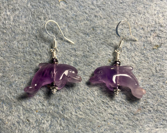 Genuine amethyst gemstone dolphin bead earrings adorned with purple Chinese crystal beads.