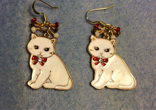 White, gold, and red enamel cat charm earrings adorned with tiny dangling white, gold, and red Chinese crystal beads.
