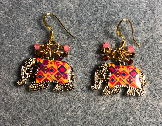 Orange, pink, and gold enamel elephant charm earrings adorned with tiny dangling orange, pink, and gold Chinese crystal beads.