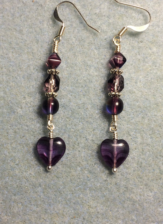 Small dark purple striped Czech glass heart bead earrings adorned with purple Czech glass beads.