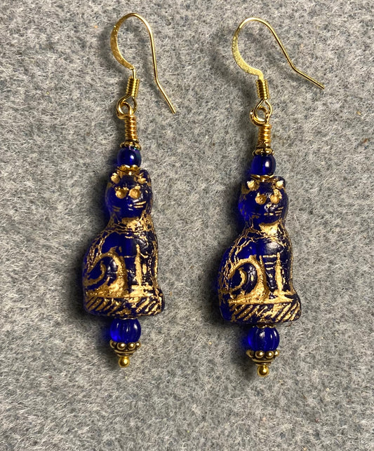 Translucent cobalt blue (with gold inlay) fancy Czech glass cat bead earrings adorned with cobalt blue Czech glass beads.