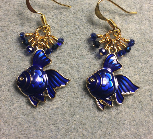 Dark blue enamel angelfish charm earrings adorned with tiny dangling dark blue Chinese crystal beads.