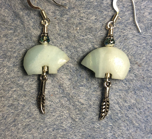 Light green amazonite gemstone Zuni bear fetish bear earrings adorned with light green crystal beads and tiny silver feather charms.