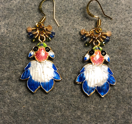 Blue, white, peach, and green cloisonné goldfish charm earrings adorned with tiny dangling blue, peach, and green Chinese crystal beads.
