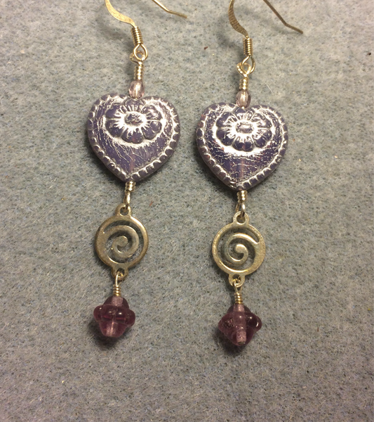 Opaque violet (with silver inlay) Czech glass heart bead earrings adorned with silver swirly links and violet Czech glass Saturn beads.
