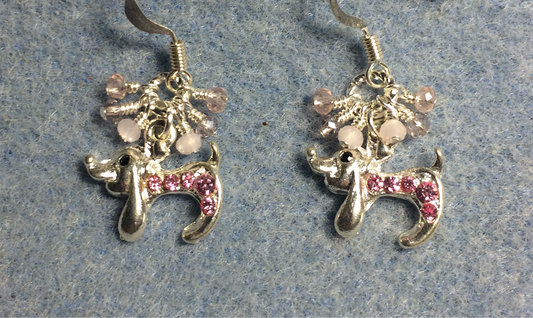 Tiny silver and pink rhinestone dachshund charm earrings adorned with tiny dangling pink and violet Chinese crystal beads.