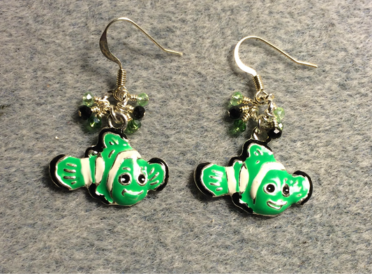 Green, black, and white enamel striped fish charm earrings adorned with tiny dangling green and black Chinese crystal beads.