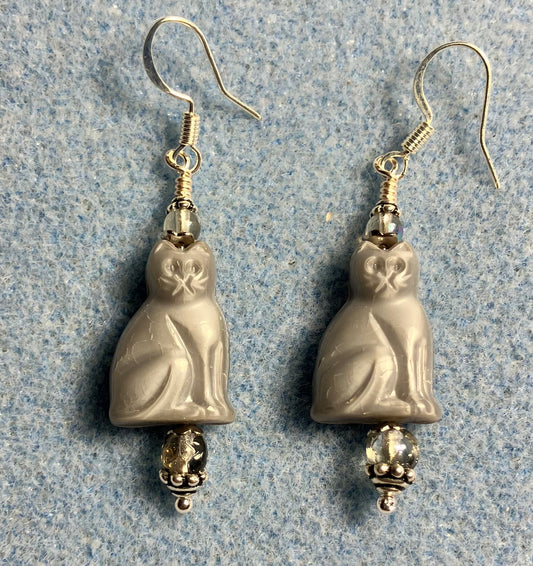 Gray Czech glass cat bead earrings adorned with gray Czech glass beads.
