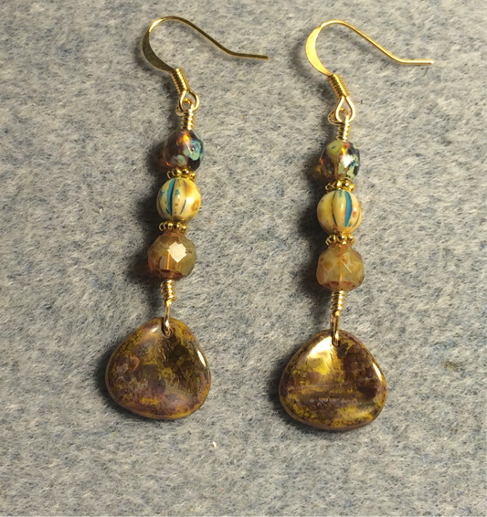 Yellow gold Picasso Czech glass rose petal earrings adorned with yellow Picasso Czech glass beads.