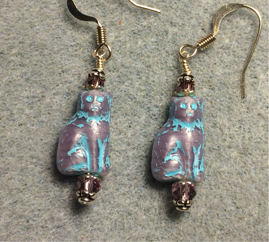 Small opaque purple gray (with turquoise inlay) Czech glass cat bead earrings adorned with purple Chinese crystal beads.