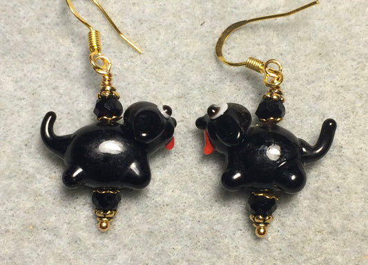 Black lamp work puppy dog bead earrings adorned with black Chinese crystal beads.