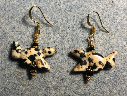 Dalmatian jasper gemstone squirrel bead earrings adorned with black Chinese crystal beads.