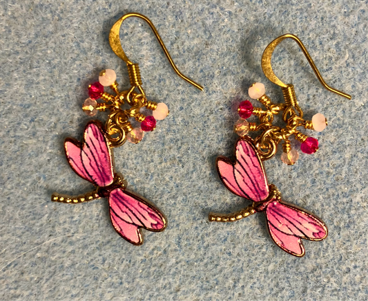 Purplish pink enamel dragonfly charm earrings adorned with tiny dangling purple and pink Chinese crystal beads.