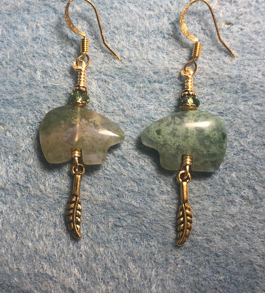 Green moss agate gemstone Zuni bear fetish bead earrings adorned with sparkly green crystal beads and tiny gold feather charms.