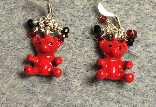 Red enamel teddy bear charm earrings adorned with tiny dangling red and black Chinese crystal beads.