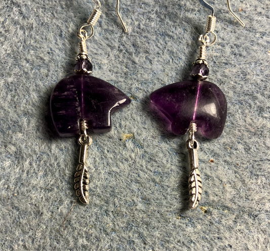 Genuine purple amethyst gemstone Zuni bear fetish bear earrings adorned with purple crystal beads and tiny silver feather charms.