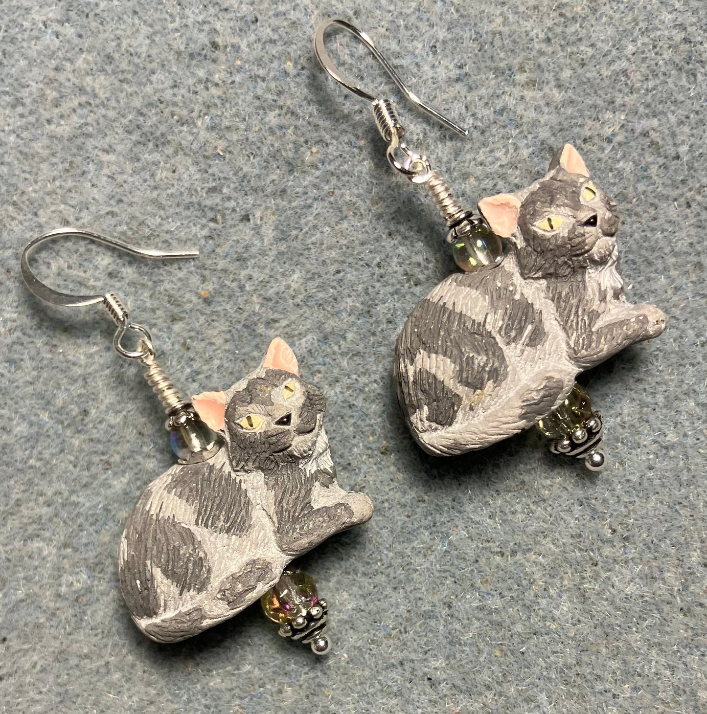 Gray and white ceramic cat bead earrings adorned with clear Czech glass beads.