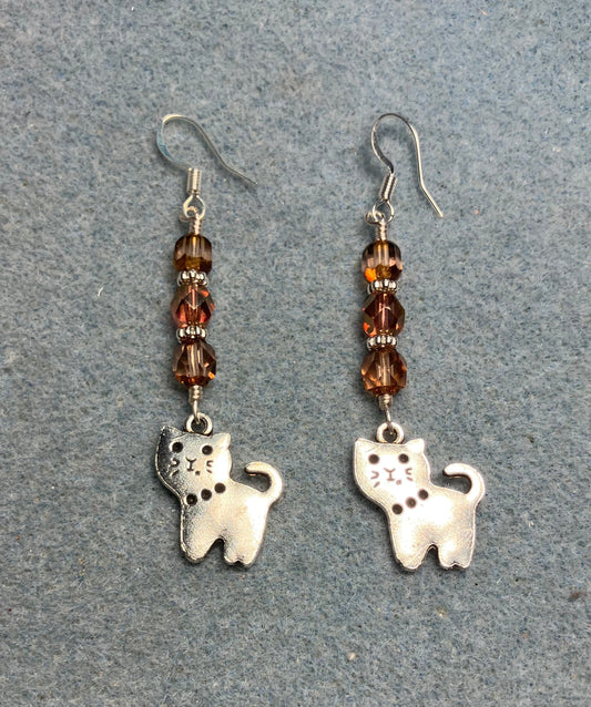 Silver cat charm earrings adorned with rose gold Czech glass beads