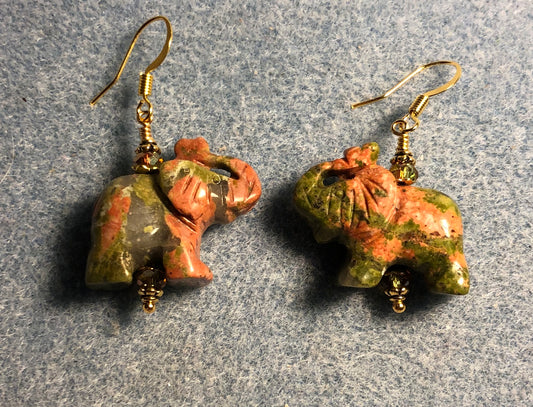 Orange and green unakite gemstone elephant bead earrings adorned with sparkly green Chinese crystal beads.