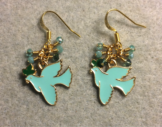 Turquoise, green, and gold enamel dove charm earrings adorned with tiny dangling turquoise and teal Chinese crystal beads.