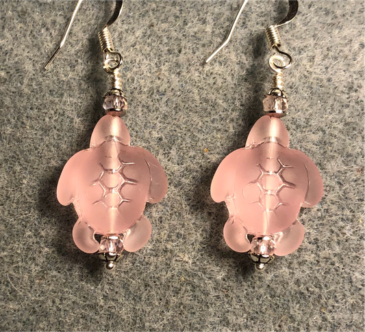 Pink sea glass sea turtle bead earrings adorned with pink Chinese crystal beads.