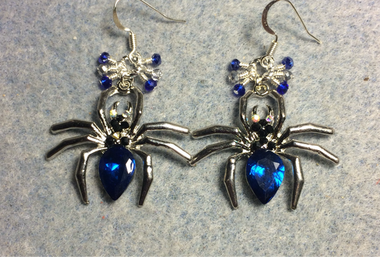 Silver and dark blue rhinestone spider charm earrings adorned with tiny dangling dark blue and silver Chinese crystal beads.