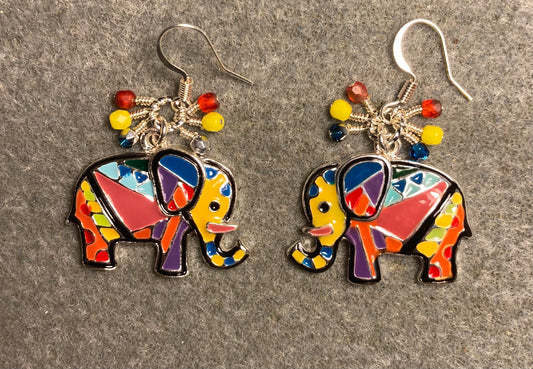 Gorgeous colorful enamel elephant charm earrings adorned with small dangling red, yellow, and turquoise Czech glass beads.