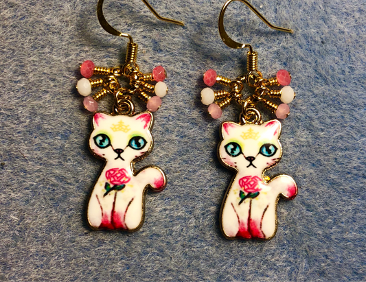 Pink and white enamel cat charm earrings adorned with tiny dangling pink and white Chinese crystal beads.