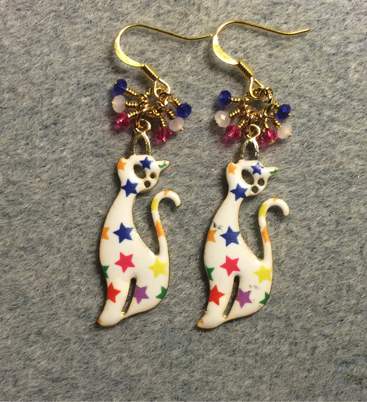 White, pink, blue, and violet enamel star covered cat charm earrings adorned with tiny dangling hot pink, white, and dark blue Chinese crystal beads.