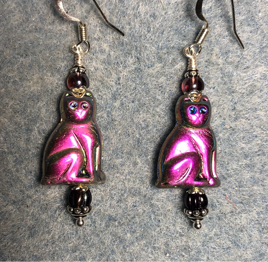 Metallic purple Czech glass cat bead earrings adorned with purple Czech glass beads.